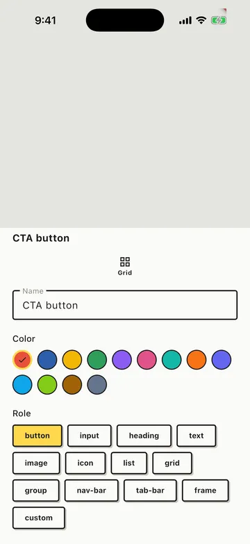 Roughflow's element detail sheet with the role tag picker open