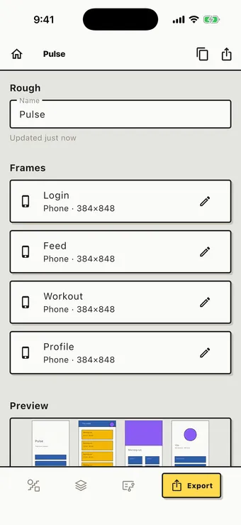 Roughflow export sheet: copy YAML or share
